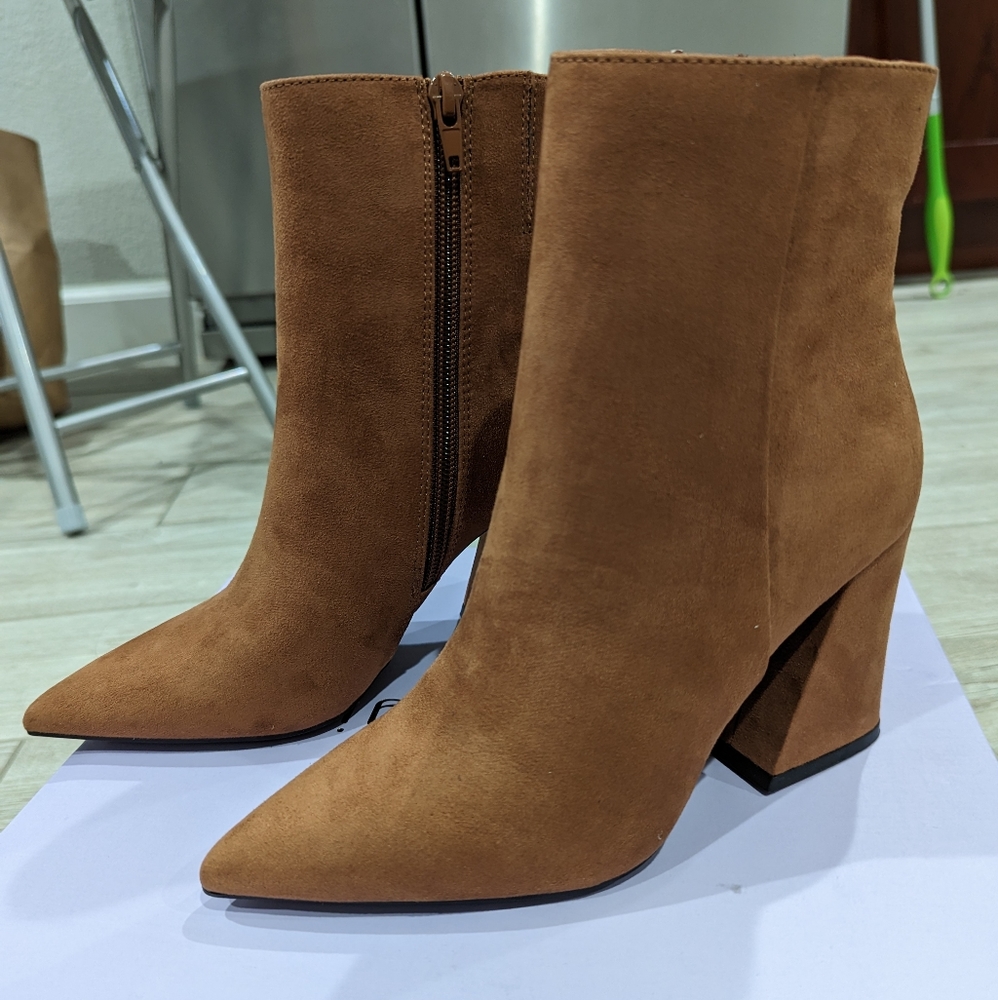 madden girl cody flared-heel dress booties brown suede